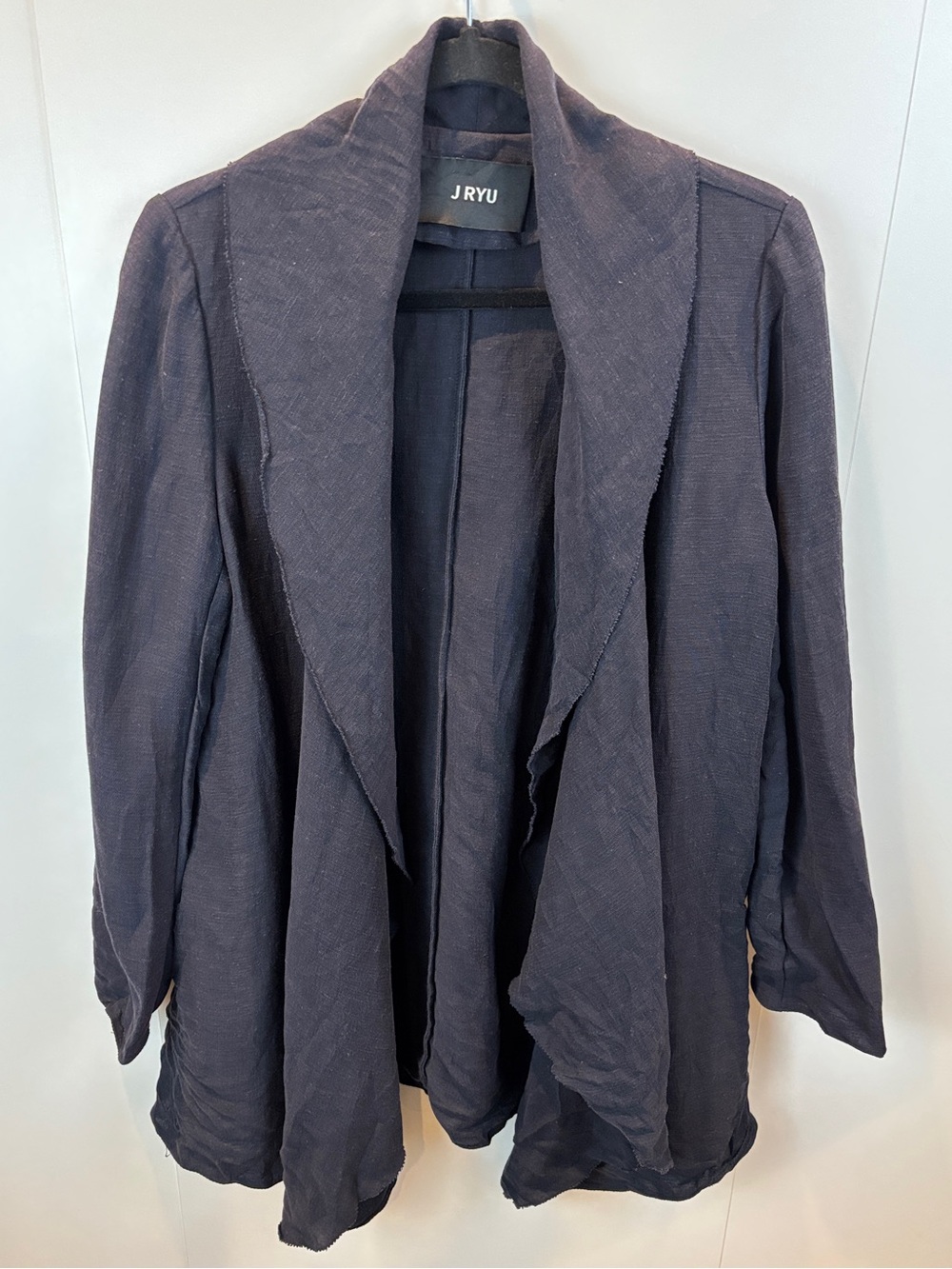J RYU Navy Linen Blend Open Cardigan sz M Raw Edge Deconstructed Luxury Jacket